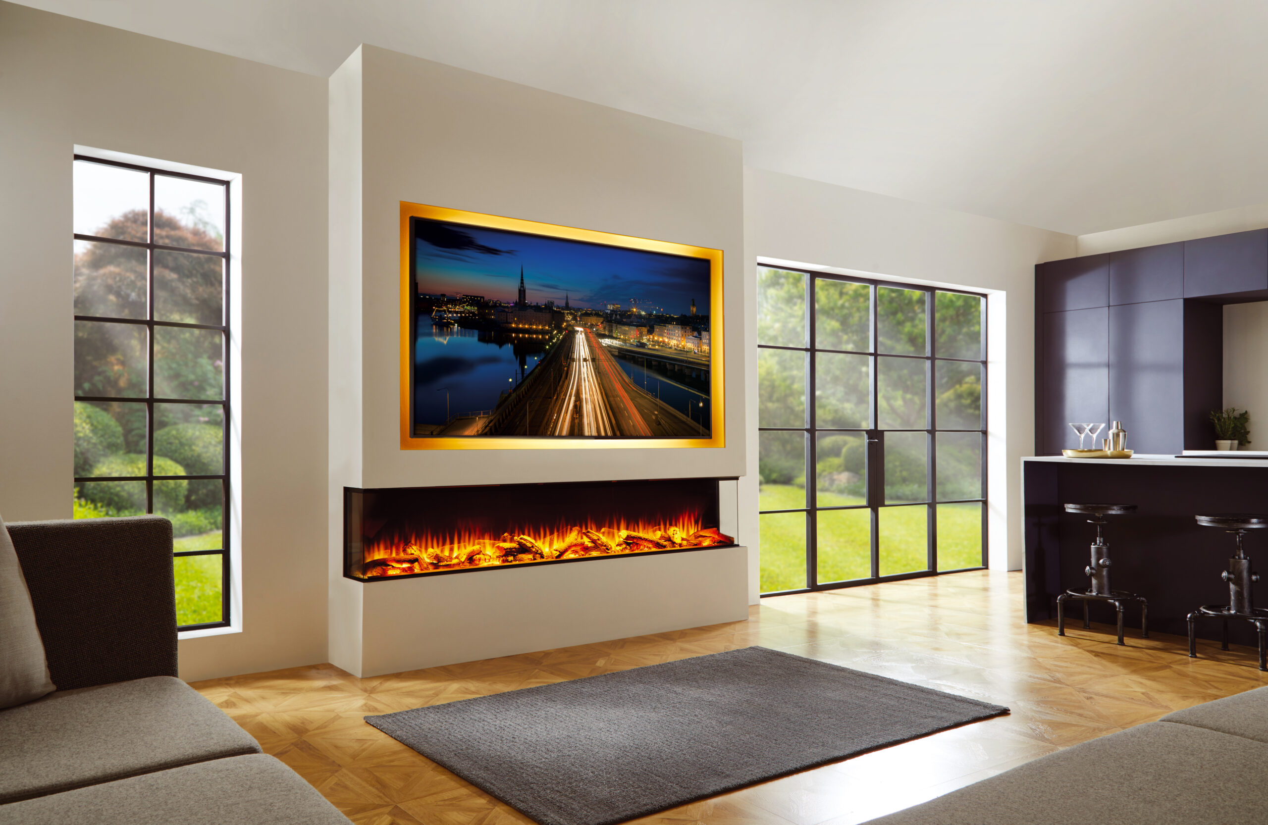 iRange i2200e Deep Media Wall with Orange Flame with LED's with Woodland Logs TV background Three Sided